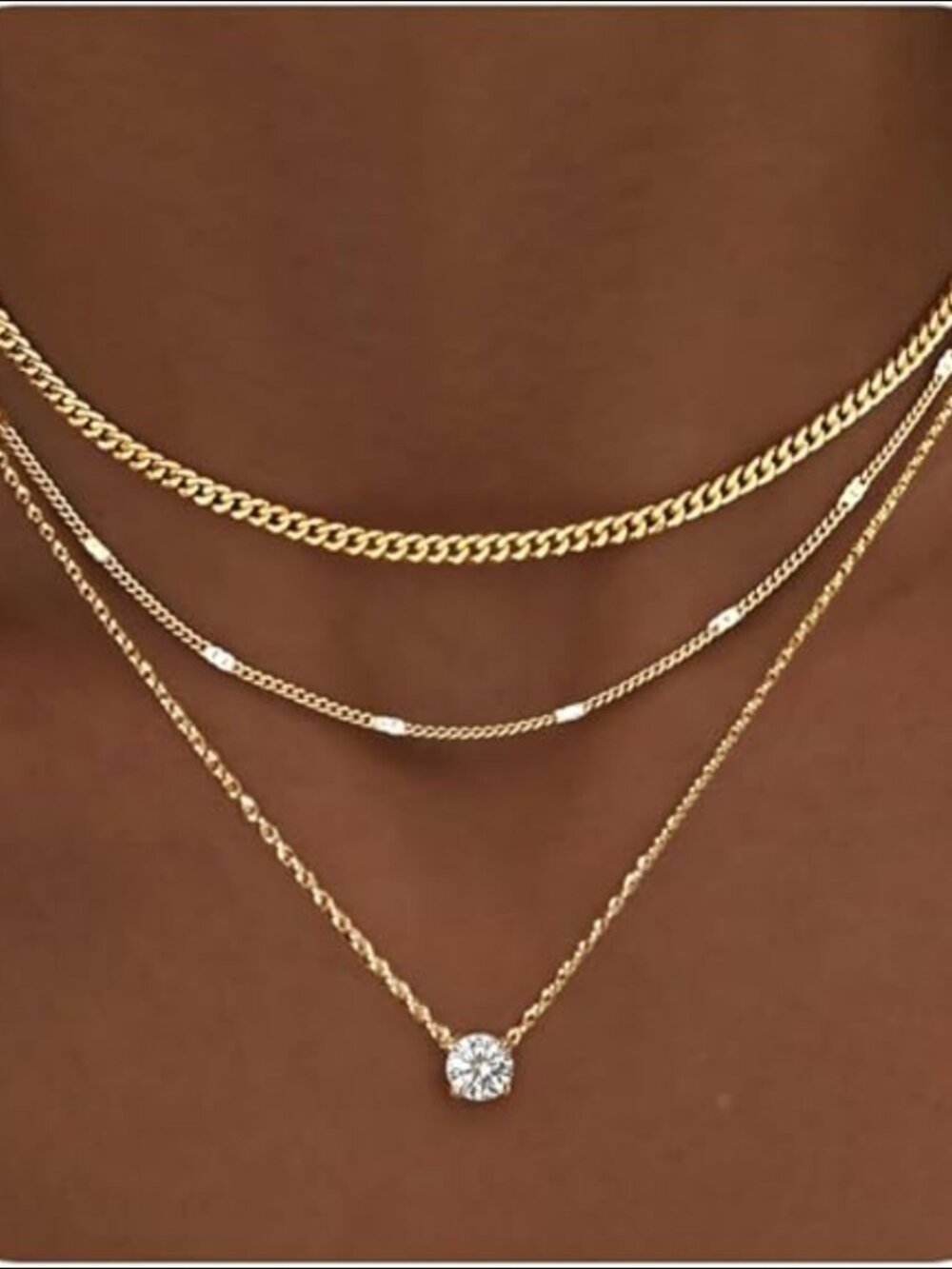14K Gold  Layered Necklace Set, Dainty Pendant, Cuban Chain Choker,